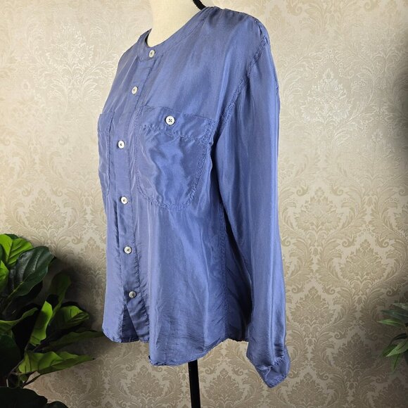 Liz Wear Petite Size Small Blue Button Front Shirt 100% Silk Round Neck Long Slv - Picture 4 of 13